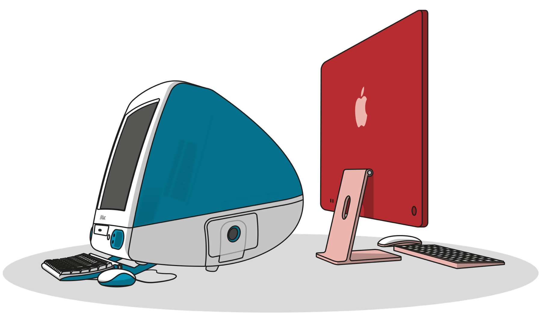Vector drawing of the first and current iMacs.